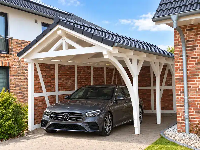 Modernes Auto im Fachwerkcarport mit Satteldach